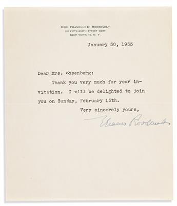 ROOSEVELT, ELEANOR. Two items, each to Assistant Secretary of Defense Anna M. Rosenberg: Photograph Signed and Inscribed * Typed Letter